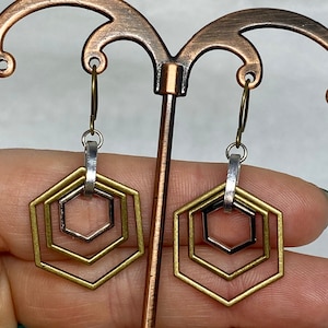 Mixed Metal Bronze and Silver Hexagon Honeycomb Drop Earrings
