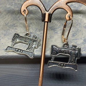 Mixed Metal Silver Singer Inspired Sewing Machine Dangle Drop Earrings