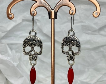 Filigree Embossed Silver Skull and Red Enamel Drop Dangle Earrings