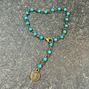 Rosary Style Beaded Turquoise Link Chinese Lu Charm Adjustable Bracelet