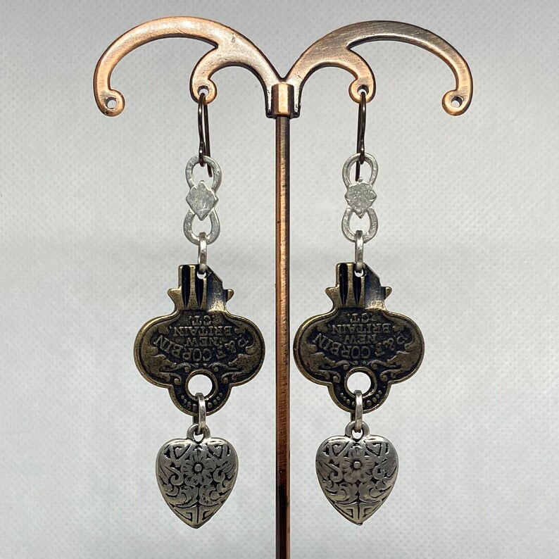 Long Statement Bronze Key and Antiqued Silver Heart Dangle Drop Earrings