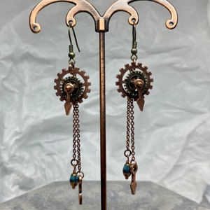 Copper Clock Gear Steampunk Industrial Dangle Drop Earrings