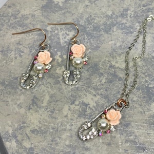 Silver and Pink Acrylic Rose, Pearl, Rhinestone Decorated Safety Pin Charm Earrings and Necklace