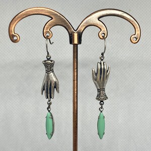 Antiqued Silver Hand and Vintage Teal Swarovski Crystal Dangle Drop Earrings