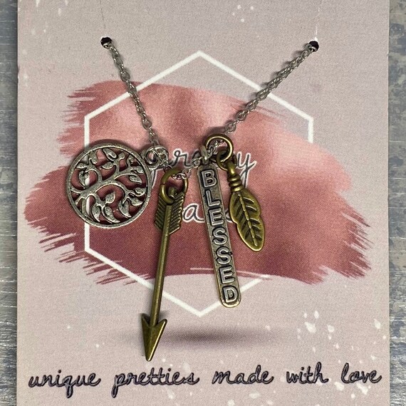 Blessed Family Tree Feather and Arrow Charm Necklace Etsy
