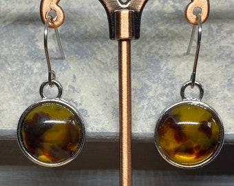 Unique Tortoise Resin Cabochon Silver Setting Dangle Drop Earrings