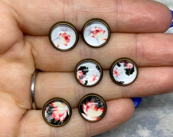 Small 10mm Glass Cabochon Lotus Flower Black, Pink, Red, White Stud Earrings