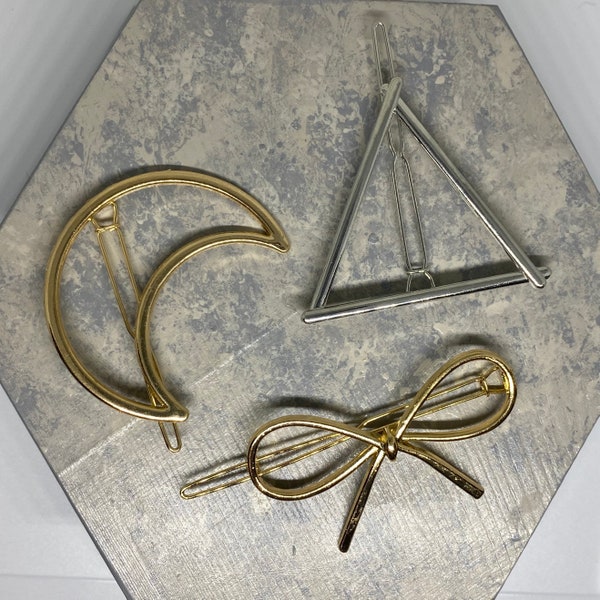 Gold and Silver Crescent Moon, Bow, Triangle Hair Clip Barrette