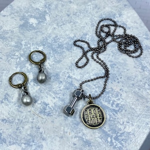 Mixed Metal Antiqued Kettlebell Dangle Drop Charm Earrings and Drop It Like A Squat and Dumbbell Weight Necklace - Fitness Lover