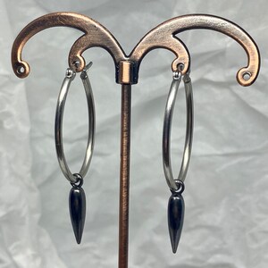 Silver Oval Hoop Earrings with Removable Gunmetal Spike Charm