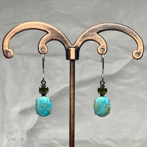 Vintage Green Blue Matrix Stones and Olive Swarovski Crystal and Silver Dangle Drop Earrings