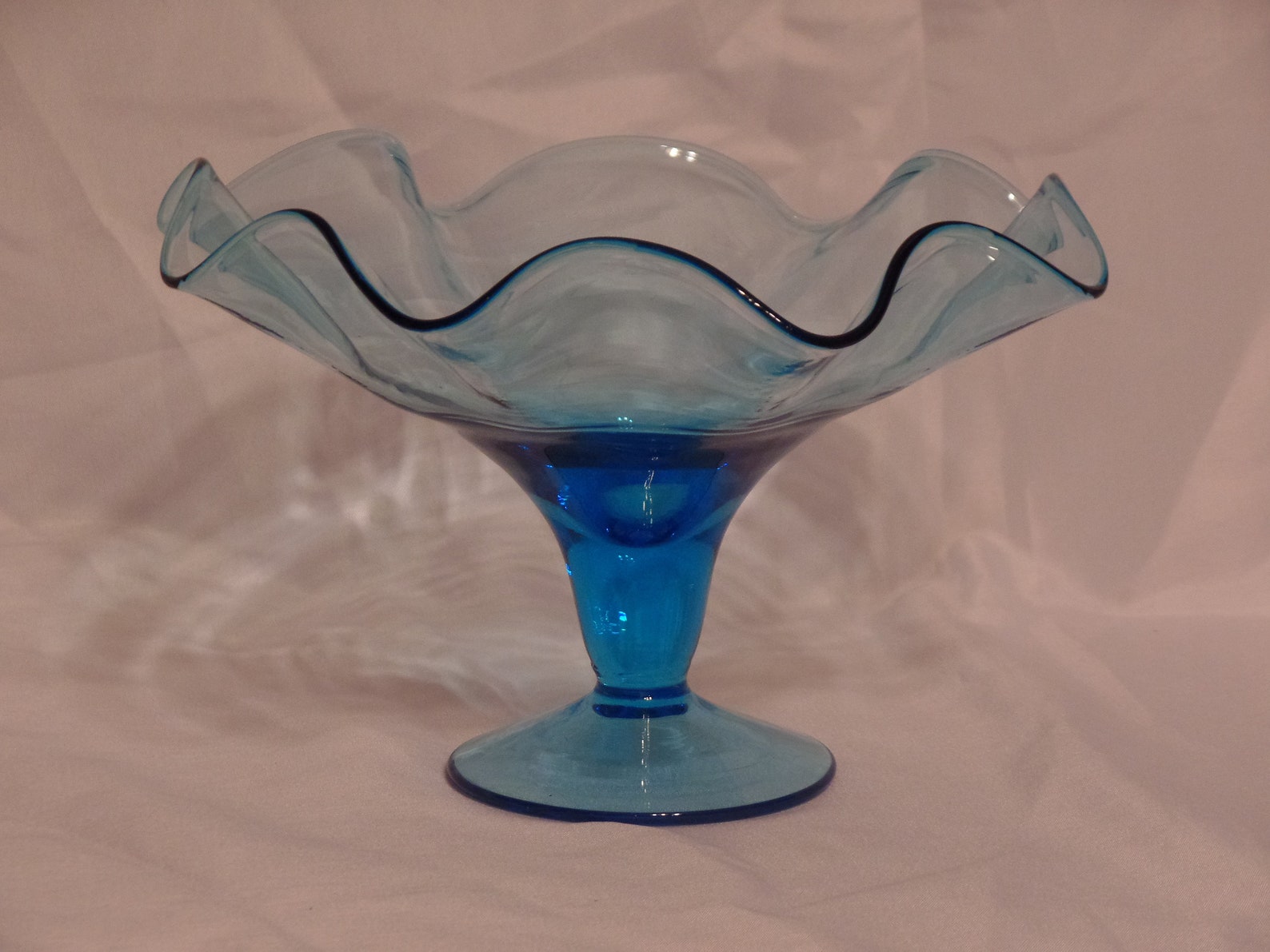 Large Vintage Blue Glass Compote Bowl with Ruffled Rim in Good Etsy