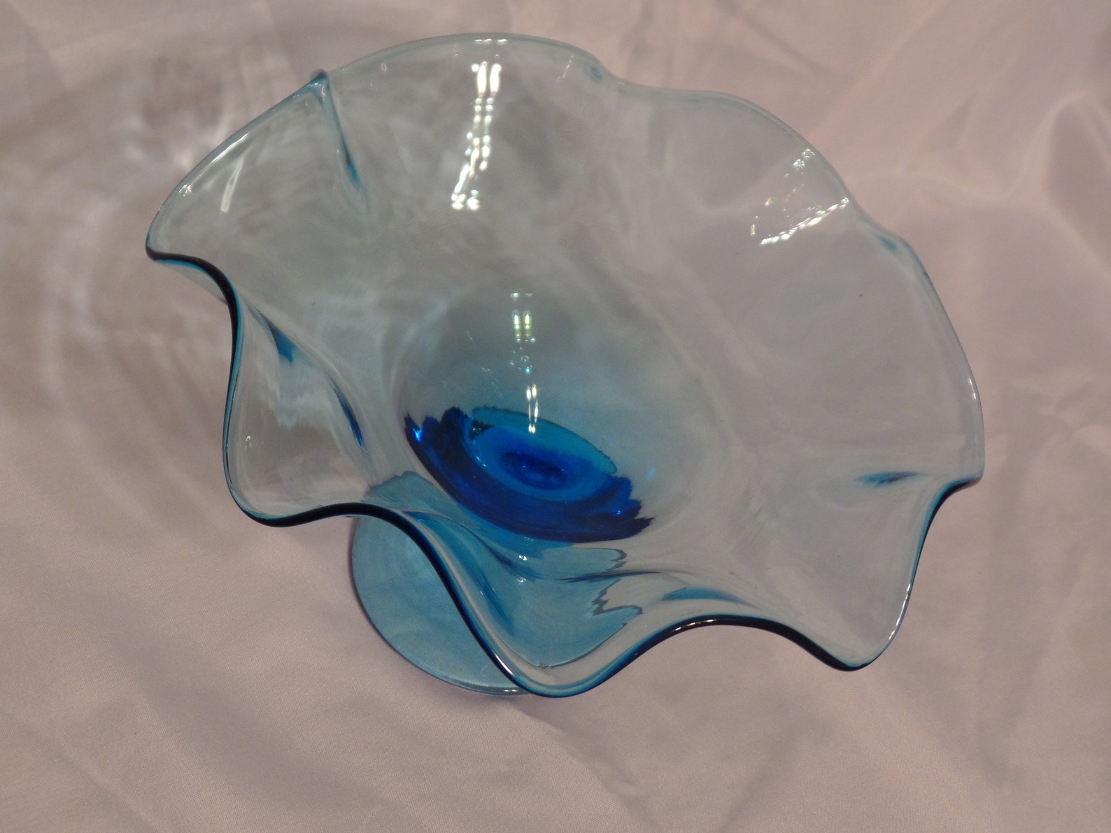Large Vintage Blue Glass Compote Bowl with Ruffled Rim in Good Etsy
