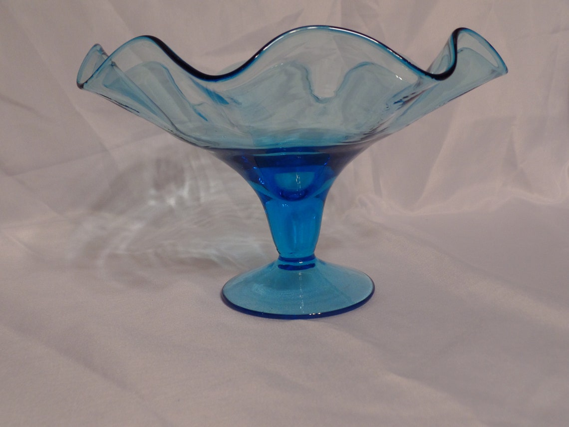 Large Vintage Blue Glass Compote Bowl With Ruffled Rim In Good Etsy