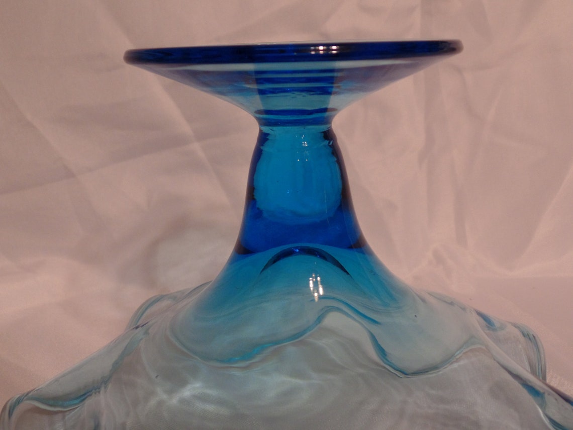 Large Vintage Blue Glass Compote Bowl with Ruffled Rim in Good Etsy