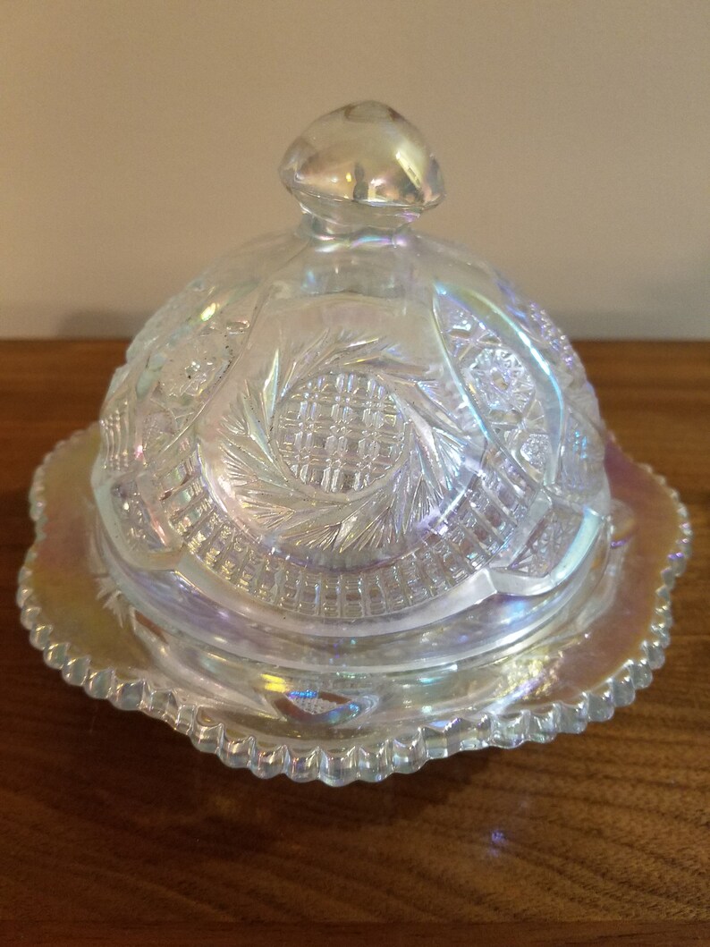 LE Smith Iridescent White Carnival Glass Covered Butter Dish Etsy