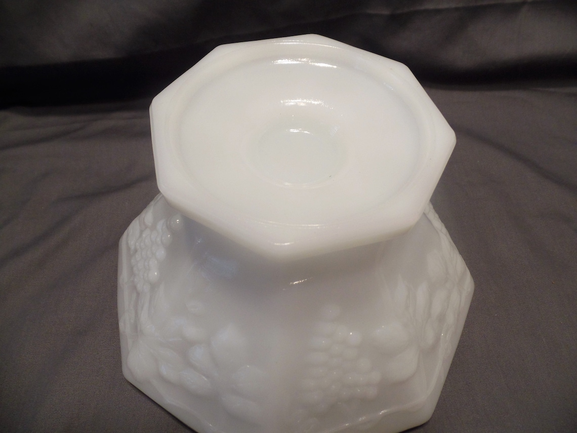 Milk Glass Pedestal Paneled Octagon Large Fruit Bowl Grapes Etsy