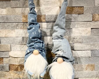 Denim Gnomes with bell bottoms wearing Sneakers!