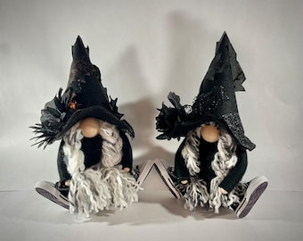 Halloween Witch Gnome – Gothic Black with Glitter Hat | Spooky Handmade Shelf Decor