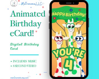 4th Birthday Card, Wacky Giraffe Animated Birthday eCard, Kids Digital Birthday Card & Birthday Song, DIY Social Media or Message App Gift
