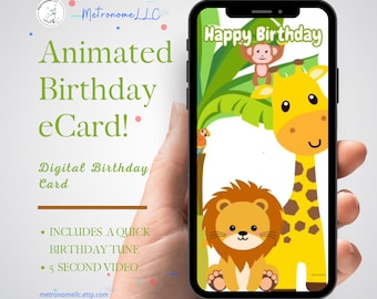 Musical Animated Safari Birthday Card for Children | Happy Birthday Music | Digital Download e-Card | Kids DIY SMS Text & Computer MP4 eCard