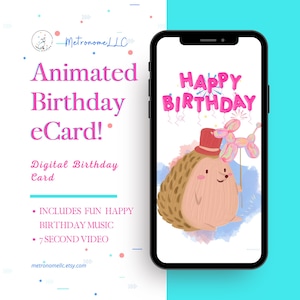 Musical Animated Birthday Card, Baby Porcupine with Animal Balloon, Happy Birthday Tune, Instant Download eCard, DIY Last Minute Text Gift