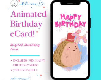 Musical Animated Birthday Card, Baby Porcupine with Animal Balloon, Happy Birthday Tune, Instant Download eCard, DIY Last Minute Text Gift