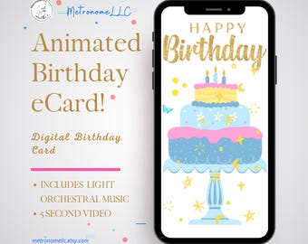 Musical Animated Birthday e-Card, Happy Birthday Cake with Soft Tune & Sound Effect, Last Minute DIY Text Message, Instant Download Gift