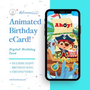 Kids Birthday Cards, Musical Animated Pirate Ship Card, Happy Birthday Song, Instant Download DIY Social Media Message Last Minute Gift