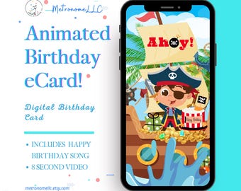Kids Birthday Cards, Musical Animated Pirate Ship Card, Happy Birthday Song, Instant Download DIY Social Media Message Last Minute Gift