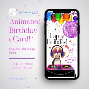 Musical Animated Birthday Card - Instant Download - Digital Greeting Card, Disco DJ Dog BDay eCard, Text Messaging App, Happy Birthday Song