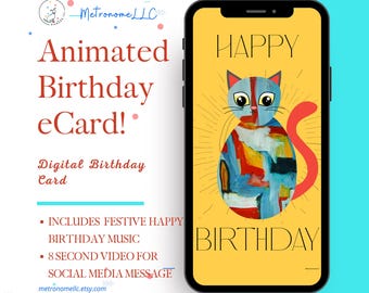 Musical Animated Birthday Card, Art Deco Designs For Cat Lovers, Festive Music, Social Media Message, Instant Download Gift, DIY Digital MP4
