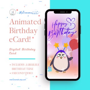 Musical Animated Birthday Card, Party Pinguin, Soft Ukulele Song, Instant Download Digital eCard, DIY Last Minute Social Media Message Gift