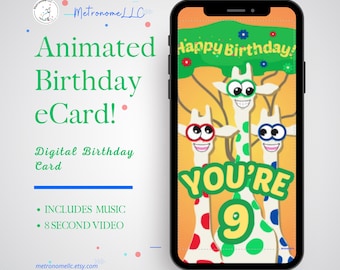 9th Birthday Card, Wacky Giraffe Animated Birthday eCard, Kids Digital Birthday Card & Birthday Song, DIY Social Media or Message App Gift