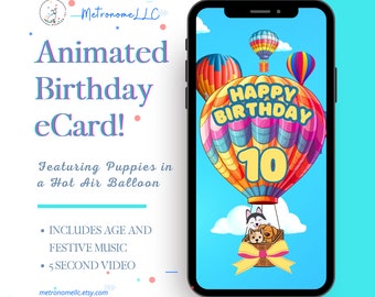 10th Birthday Card, Animated Birthday Card, Kid Musical Digital eCard, Instant Download, Puppy Hot Air Balloon, DIY Social Media / Text App