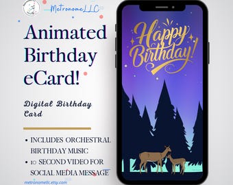 Happy Birthday Card For Men, Musical Animated Birthday Card For Him, Last Minute DIY Gift, Nature Scene Forest Deer Night Sky, Message App