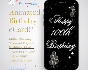 100th Birthday Card, Balloon Musical Animated Birthday e-Card & Classical Music, Last Minute Digital Download eCard Birthday Card Gift