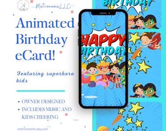 Kid Happy Birthday Card with Comic Superhero Design, eCard Birthday Card, Comic Superhero Birthday, Festive Music, Children Cheering, Gift