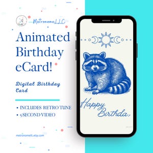 Musical Animated Birthday Card, Vintage 90's Retro Tattoo Raccoon Sun Moon Happy Birthday eCard, Last Minute Digital e-Card Gift, DIY Text