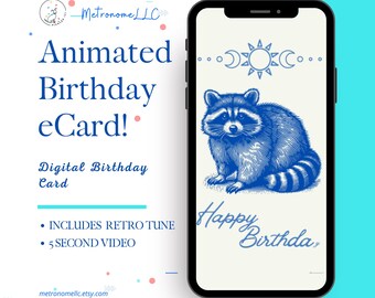 Musical Animated Birthday Card, Vintage 90's Retro Tattoo Raccoon Sun Moon Happy Birthday eCard, Last Minute Digital e-Card Gift, DIY Text