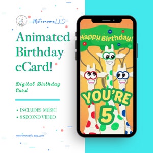 5th Birthday Card, Wacky Giraffe Animated Birthday eCard, Kids Digital Birthday Card & Birthday Song, DIY Social Media or Message App Gift