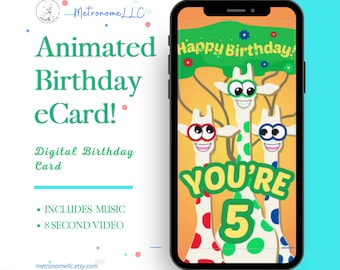 5th Birthday Card, Wacky Giraffe Animated Birthday eCard, Kids Digital Birthday Card & Birthday Song, DIY Social Media or Message App Gift