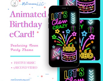 Musical Animated Birthday Card, Neon Happy Birthday Card, Digital e-Card, Instant Download, DIY Social Media Message App, Last Minute Gift