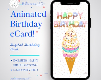 Musical Animated Birthday eCard: Instant Download Ice Cream Theme; Last Minute Digital Happy Birthday e-Card, DIY Social Media Textable Gift