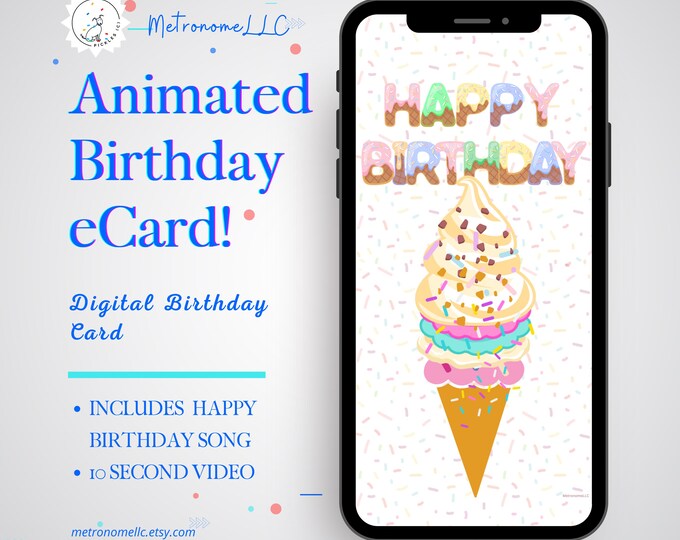 Featured listing image: Musical Animated Birthday Card, Instant Download Digital Birthday eCard, Happy Birthday Tune, Last Minute Gift, eCard Birthday Card