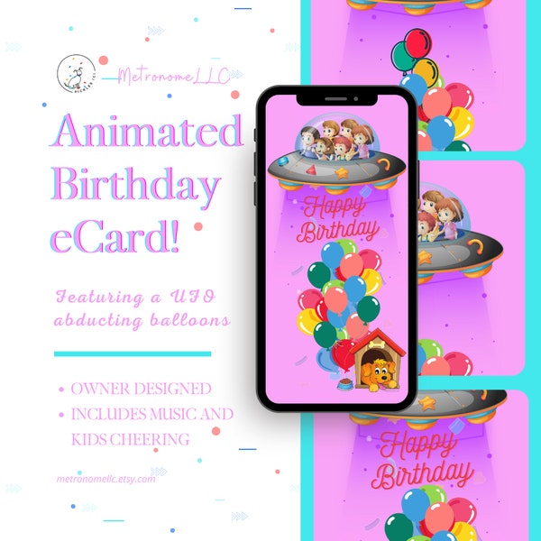 Kids Animated Birthday Card, Space Alien UFO & Cute Dog Balloon, Happy Birthday Musical Digital eCard, Last Minute Instant Download Gift