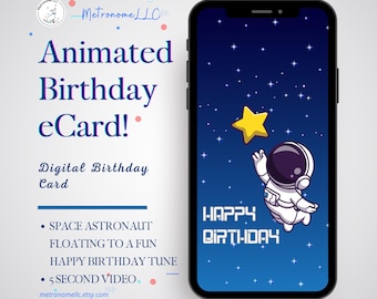 Musical Animated Birthday Card, Space Astronaut & Fun Happy Birthday Tune, Instant Download eCard Gift, DIY Social Media Message App e-Card