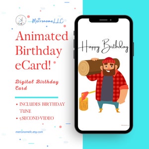 Happy Birthday Card For Man, Animated Musical Lumberjack 1950 Retro eCard, Last Minute Instant Download, Textable DIY Gift,  Funny Birthday