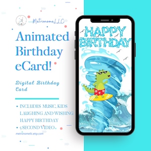 Happy Birthday Card, Kids Surfing Dinosaur eCard, Instant Download Rock Guitar Musical Birthday, DIY Social Media Message Last Minute Gift
