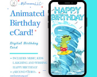 Happy Birthday Card, Kids Surfing Dinosaur eCard, Instant Download Rock Guitar Musical Birthday, DIY Social Media Message Last Minute Gift